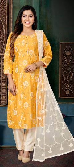 Yellow color Salwar Kameez in Chanderi Silk fabric with Printed work