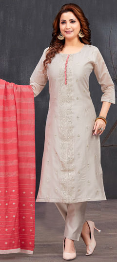 Beige and Brown color Salwar Kameez in Tussar Silk fabric with Embroidered, Resham, Sequence work
