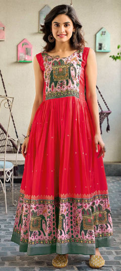 Red and Maroon color Gown in Muslin fabric with Printed work