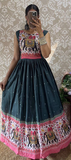 Blue color Gown in Muslin fabric with Printed work