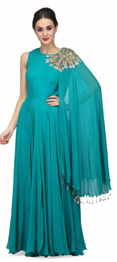 Blue color Gown in Georgette fabric with Embroidered, Thread work