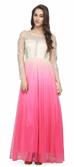 Pink and Majenta, White and Off White color Gown in Net fabric with Embroidered, Thread work