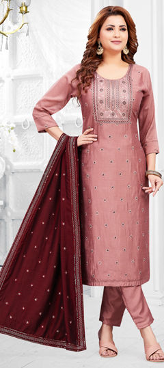 Pink and Majenta color Salwar Kameez in Chanderi Silk fabric with Resham, Sequence work