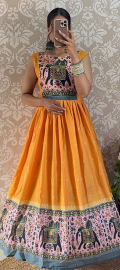 Yellow color Gown in Muslin fabric with Printed work