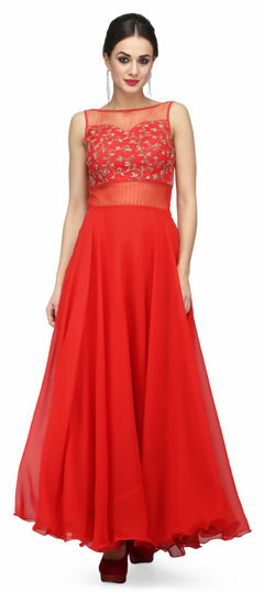 Red and Maroon color Gown in Georgette, Net fabric with Embroidered, Thread work