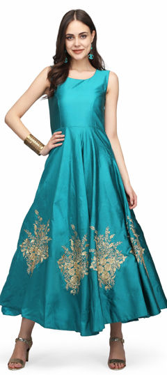 Blue color Gown in Taffeta Silk fabric with Embroidered, Thread work