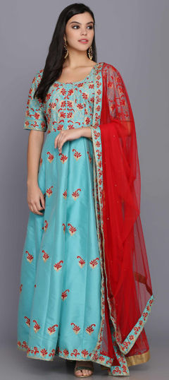 Blue color Salwar Kameez in Taffeta Silk fabric with Aari, Stone, Thread, Zari work