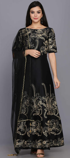 Black and Grey color Salwar Kameez in Taffeta Silk fabric with Zari work