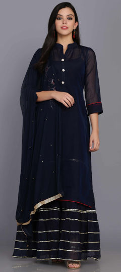 Blue color Salwar Kameez in Chanderi Silk fabric with Gota Patti, Sequence work
