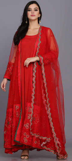 Red and Maroon color Salwar Kameez in Crepe Silk, Net fabric with Aari, Embroidered, Thread, Zari work