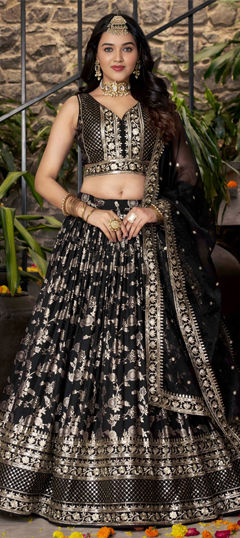 Black and Grey color Lehenga in Jacquard fabric with Embroidered, Sequence, Zari work