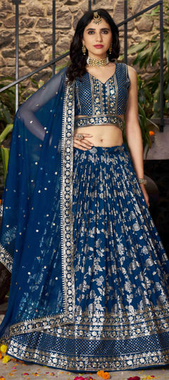 Blue color Lehenga in Jacquard fabric with Embroidered, Sequence, Zari work