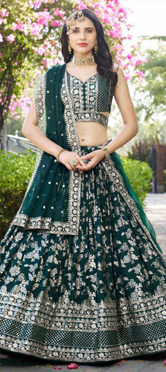Green color Lehenga in Jacquard fabric with Embroidered, Sequence, Zari work