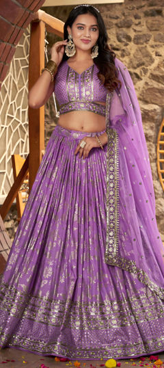 Purple and Violet color Lehenga in Jacquard fabric with Embroidered, Sequence, Zari work