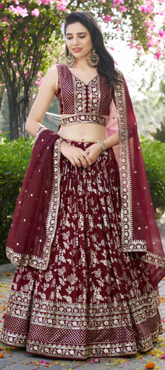 Red and Maroon color Lehenga in Jacquard fabric with Embroidered, Sequence, Zari work