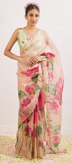 Pink and Majenta color Saree in Organza Silk fabric with Floral, Printed, Thread work