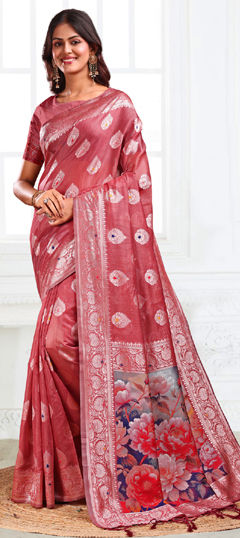 Red and Maroon color Saree in Cotton, Linen fabric with Floral, Printed, Weaving work