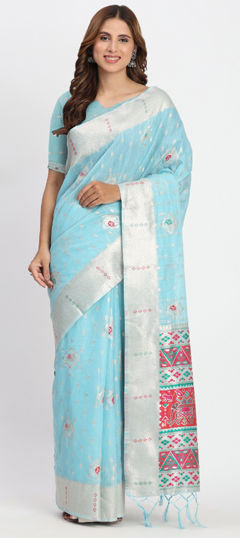 Blue color Saree in Cotton, Linen fabric with Weaving work