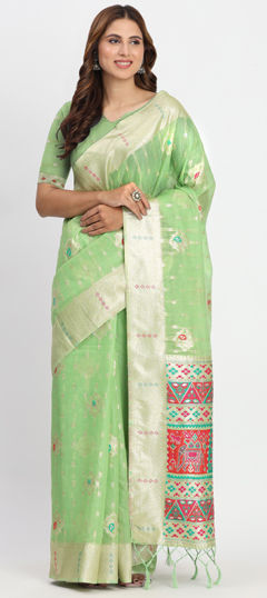 Green color Saree in Cotton, Linen fabric with Weaving work