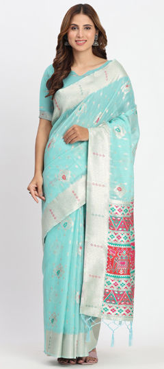 Green color Saree in Cotton, Linen fabric with Weaving work