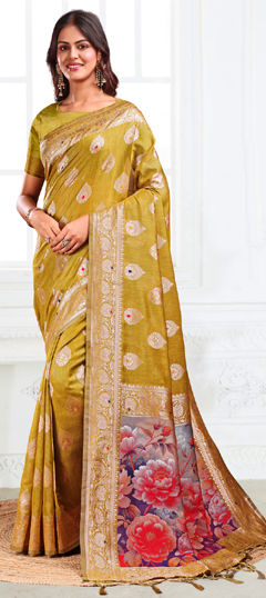 Green color Saree in Cotton, Linen fabric with Floral, Printed, Weaving work