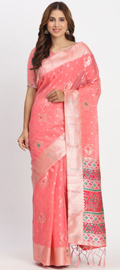 Pink and Majenta color Saree in Cotton, Linen fabric with Weaving work