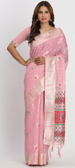 Pink and Majenta color Saree in Cotton, Linen fabric with Weaving work