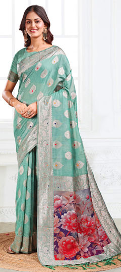 Green color Saree in Cotton, Linen fabric with Floral, Printed, Weaving work