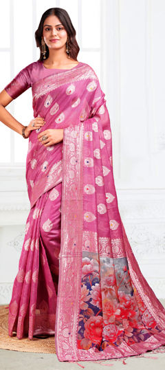 Pink and Majenta color Saree in Cotton, Linen fabric with Floral, Printed, Weaving work