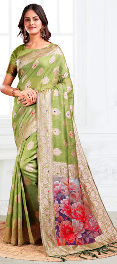 Green color Saree in Cotton, Linen fabric with Floral, Printed, Weaving work
