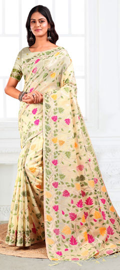 White and Off White color Saree in Cotton, Linen fabric with Weaving work