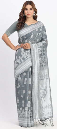 Black and Grey color Saree in Cotton, Linen fabric with Weaving work