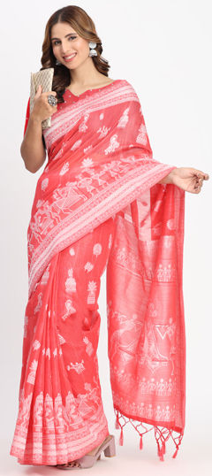 Pink and Majenta color Saree in Cotton, Linen fabric with Weaving work