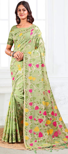 Green color Saree in Cotton, Linen fabric with Weaving work