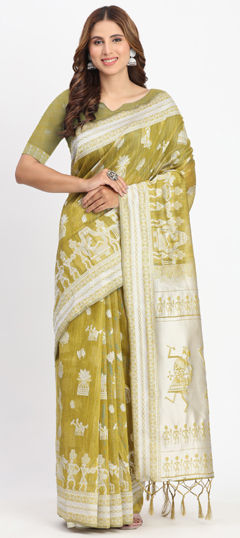 Green color Saree in Cotton, Linen fabric with Weaving work