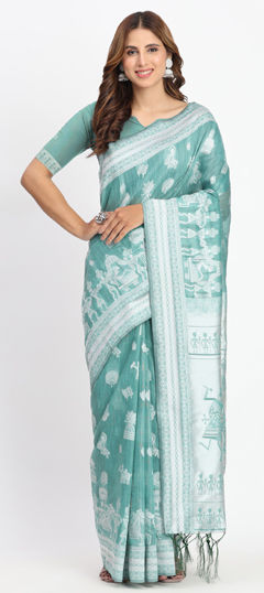 Green color Saree in Cotton, Linen fabric with Weaving work