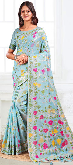 Blue color Saree in Cotton, Linen fabric with Weaving work