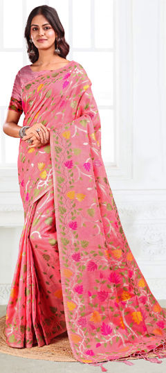Pink and Majenta color Saree in Cotton, Linen fabric with Weaving work