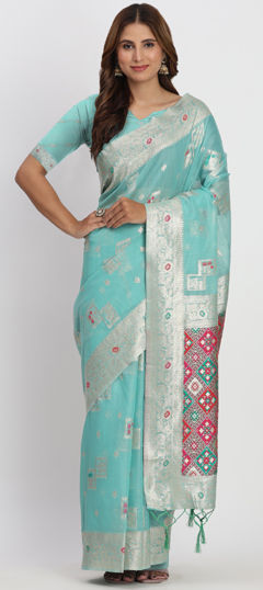 Green color Saree in Cotton, Linen fabric with Weaving work