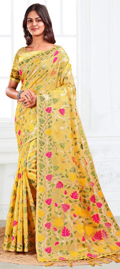 Yellow color Saree in Cotton, Linen fabric with Weaving work