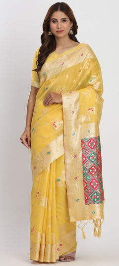 Yellow color Saree in Cotton, Linen fabric with Weaving work