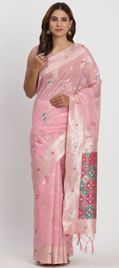 Pink and Majenta color Saree in Cotton, Linen fabric with Weaving work