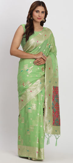 Green color Saree in Cotton, Linen fabric with Weaving work