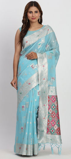 Blue color Saree in Cotton, Linen fabric with Weaving work