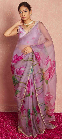 Purple and Violet color Saree in Organza Silk fabric with Floral, Printed, Thread work