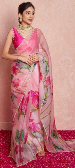 Pink and Majenta color Saree in Organza Silk fabric with Floral, Printed, Thread work