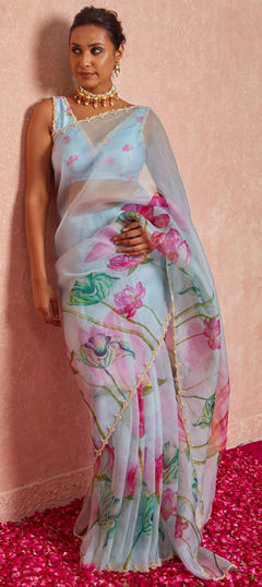 Blue color Saree in Organza Silk fabric with Floral, Printed, Thread work