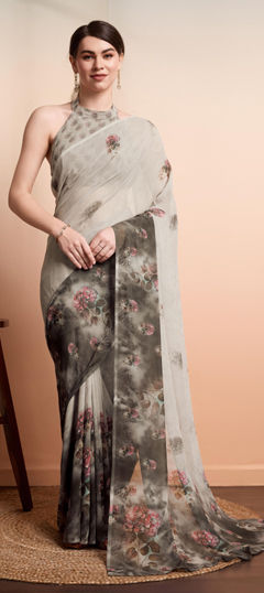 Silver color Saree in Georgette fabric with Floral, Printed work