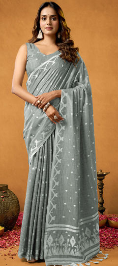 Black and Grey color Saree in Cotton fabric with Printed work