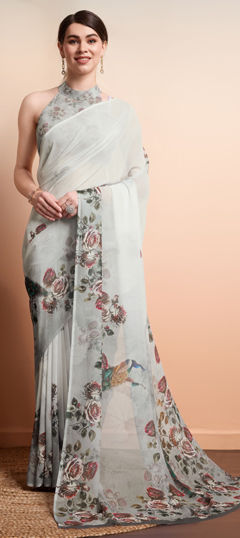 Black and Grey color Saree in Georgette fabric with Floral, Printed work